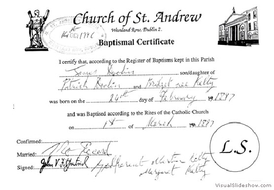 Great Uncle James Doolin's Baptismal Certificate