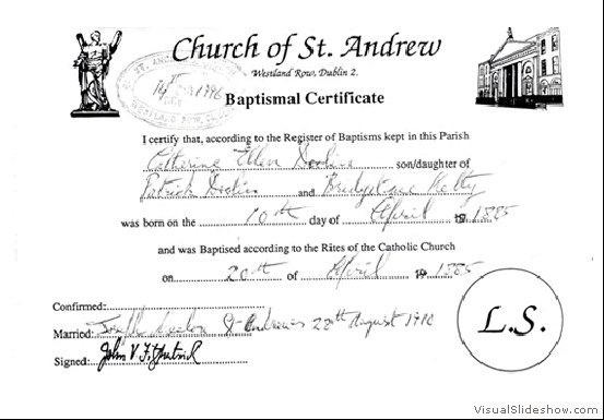 Great Aunt Catherine Doolin's Baptismal Certificate
