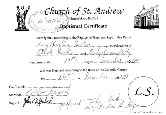 Great Aunt Mary Doolin's Baptismal Certificate