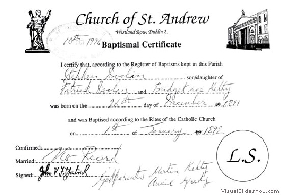 Great Uncle Stephen Doolin's Baptismal Certificate